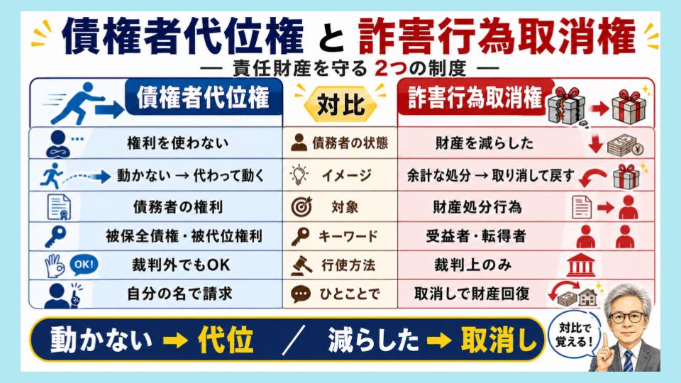 債権者代位権と詐害行為取消権は、対比しながら覚えるのが鉄則